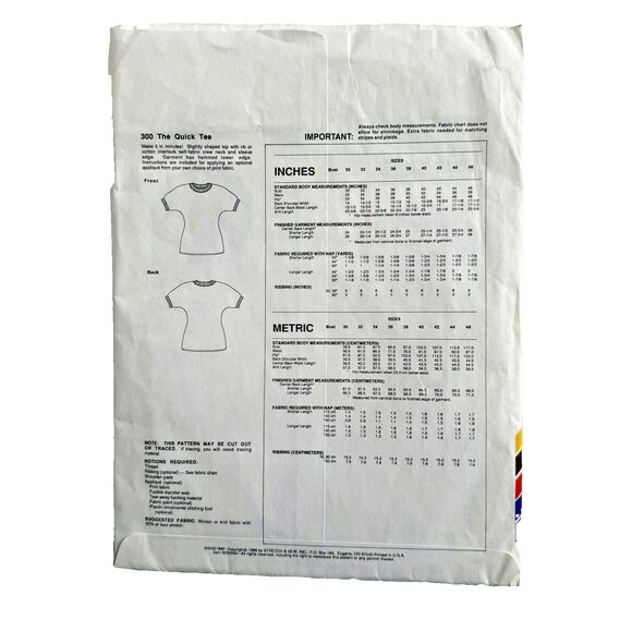Vintage Stretch & Sew Pattern 300 The Quick Tee Bust Size 30-46 UNCUT - Picture 2 of 3